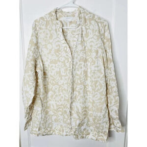 Charter Club 100% Linen Button Up Women Sz 16W Shirt White Tan Floral Woven